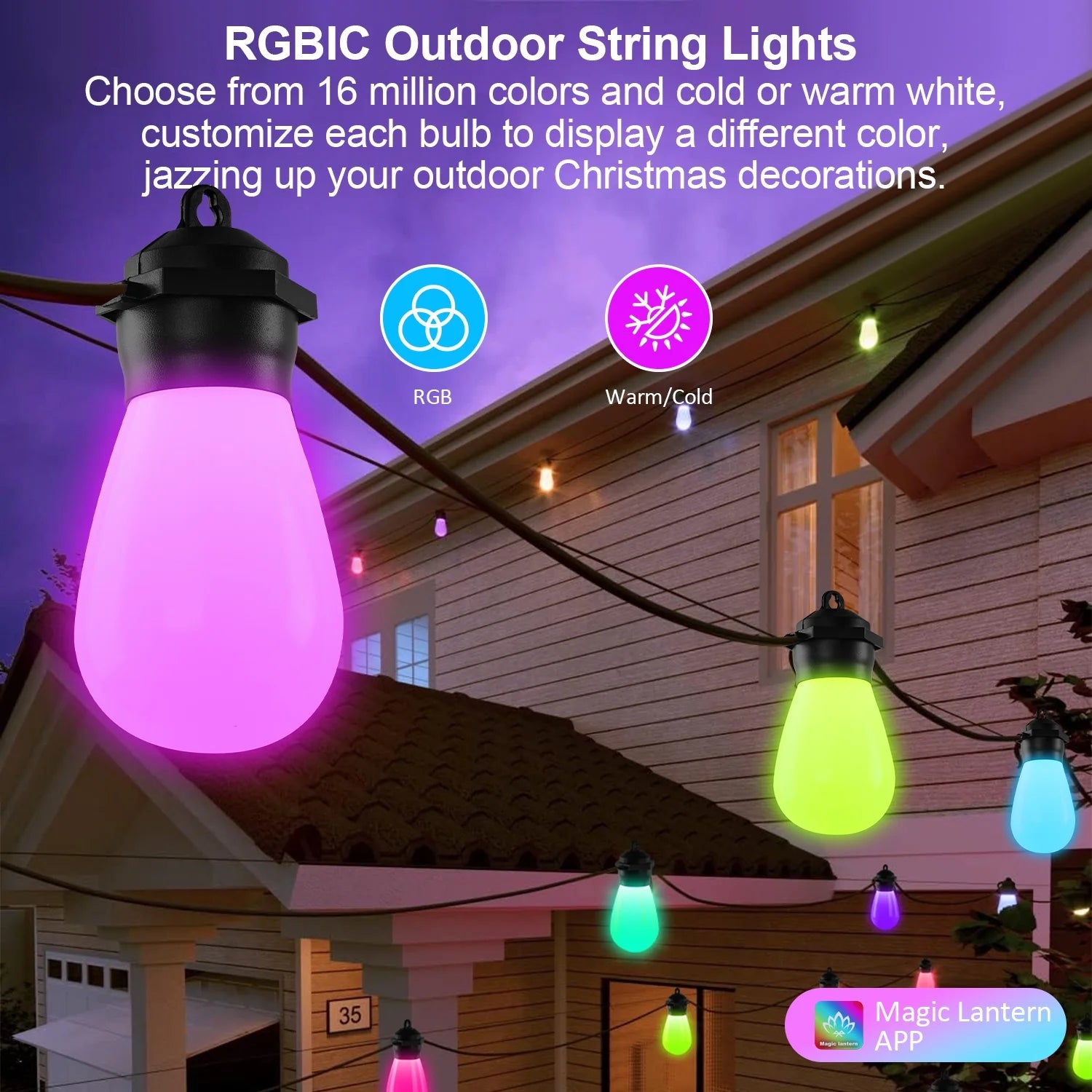 Outdoor String Lights, LED Lights for Bedroom, 39Ft 20 Bulbs Smart Dimmable RGB String Lights Fairy Lights Christmas Lights for Halloween Decorations, Patio Lights, APP Control, Waterproof
