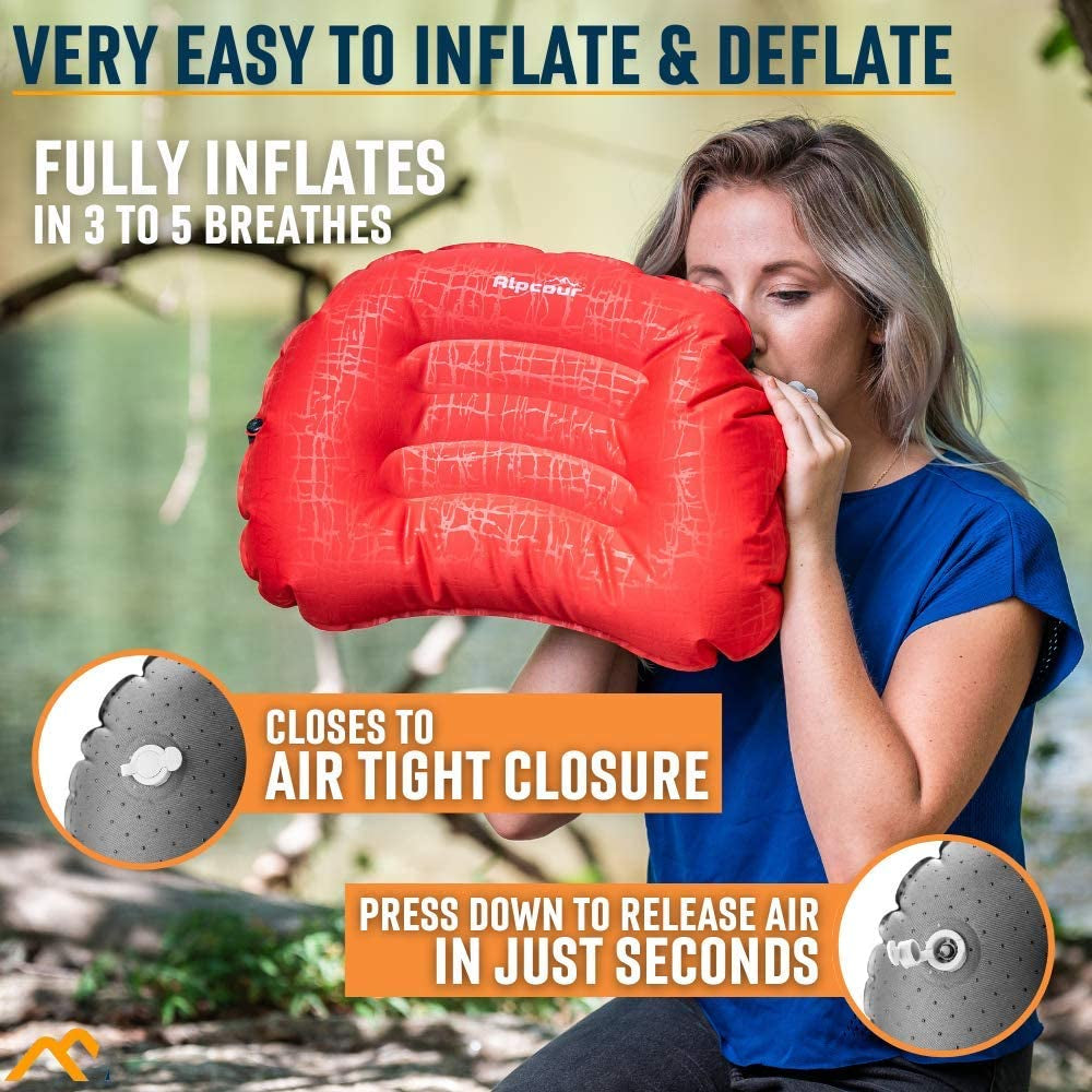 Camping Pillow – Large, Inflatable, Ultralight Sleeping Pillow with Easy Blow up Design, Soft Waterproof Exterior Cover and Compact Carry Case for Hiking, Backpacking, Airplane Travel & More