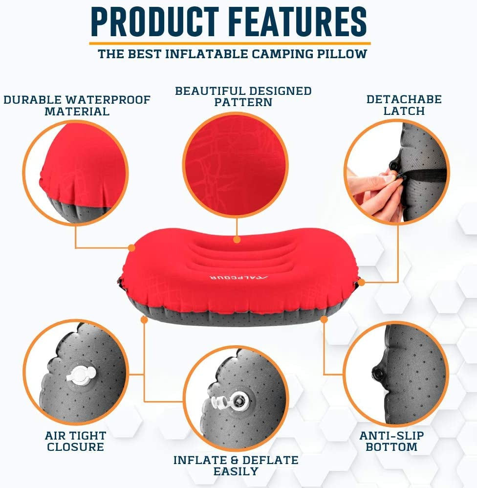 Camping Pillow – Large, Inflatable, Ultralight Sleeping Pillow with Easy Blow up Design, Soft Waterproof Exterior Cover and Compact Carry Case for Hiking, Backpacking, Airplane Travel & More