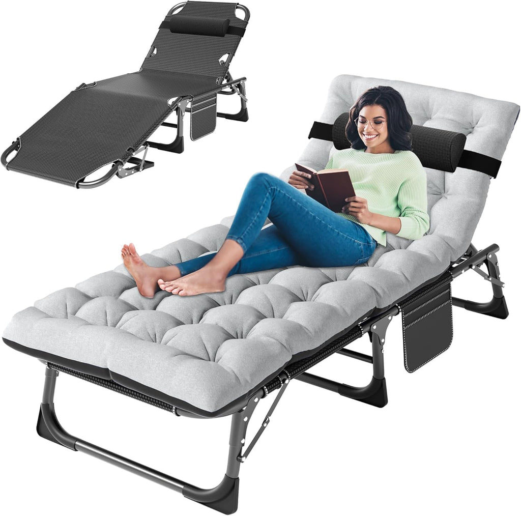 Patio Lounge Chair, Sun Tanning Bed, Folding Heavy Duty Chaise with 500LB Load Capacity, Adjustable Portable Chair for Home, Garden, Beach, Office, Camping & Sunbathing