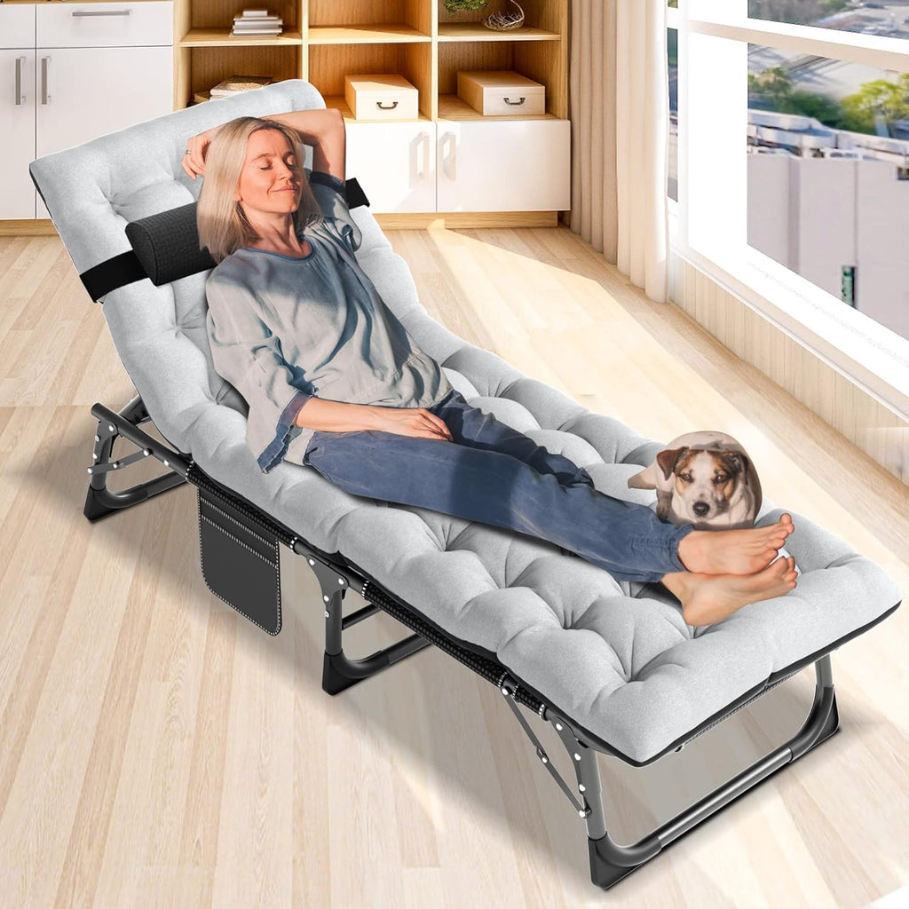 Patio Lounge Chair, Sun Tanning Bed, Folding Heavy Duty Chaise with 500LB Load Capacity, Adjustable Portable Chair for Home, Garden, Beach, Office, Camping & Sunbathing