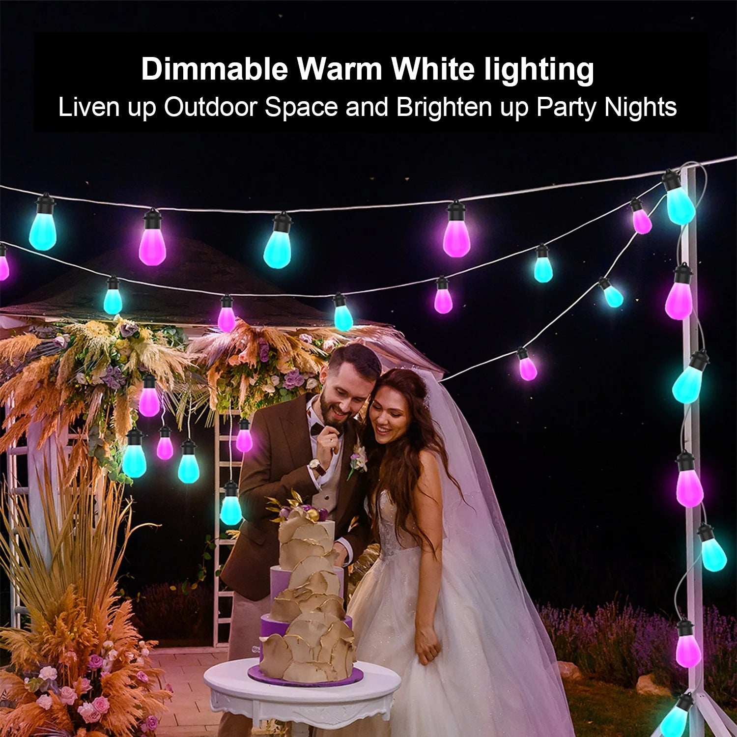 Outdoor String Lights, LED Lights for Bedroom, 39Ft 20 Bulbs Smart Dimmable RGB String Lights Fairy Lights Christmas Lights for Halloween Decorations, Patio Lights, APP Control, Waterproof