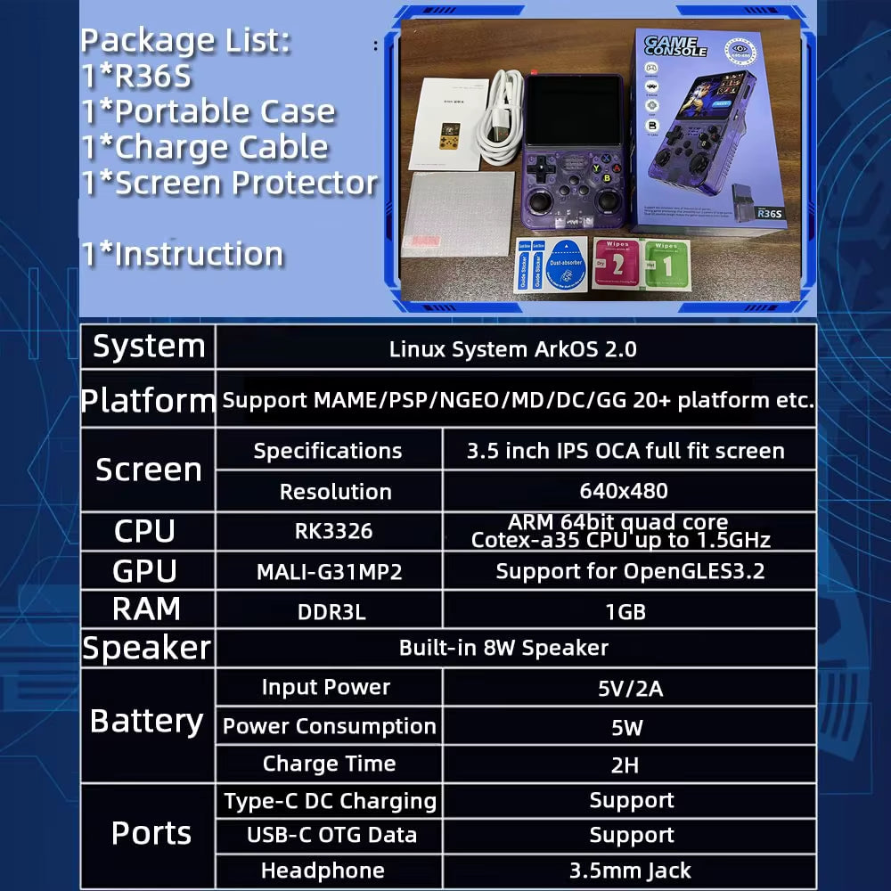R36S Retro Handheld Game Console - Play 20,000 Classic Games on the Go with 3.5" HD Display and 3200mAh Battery