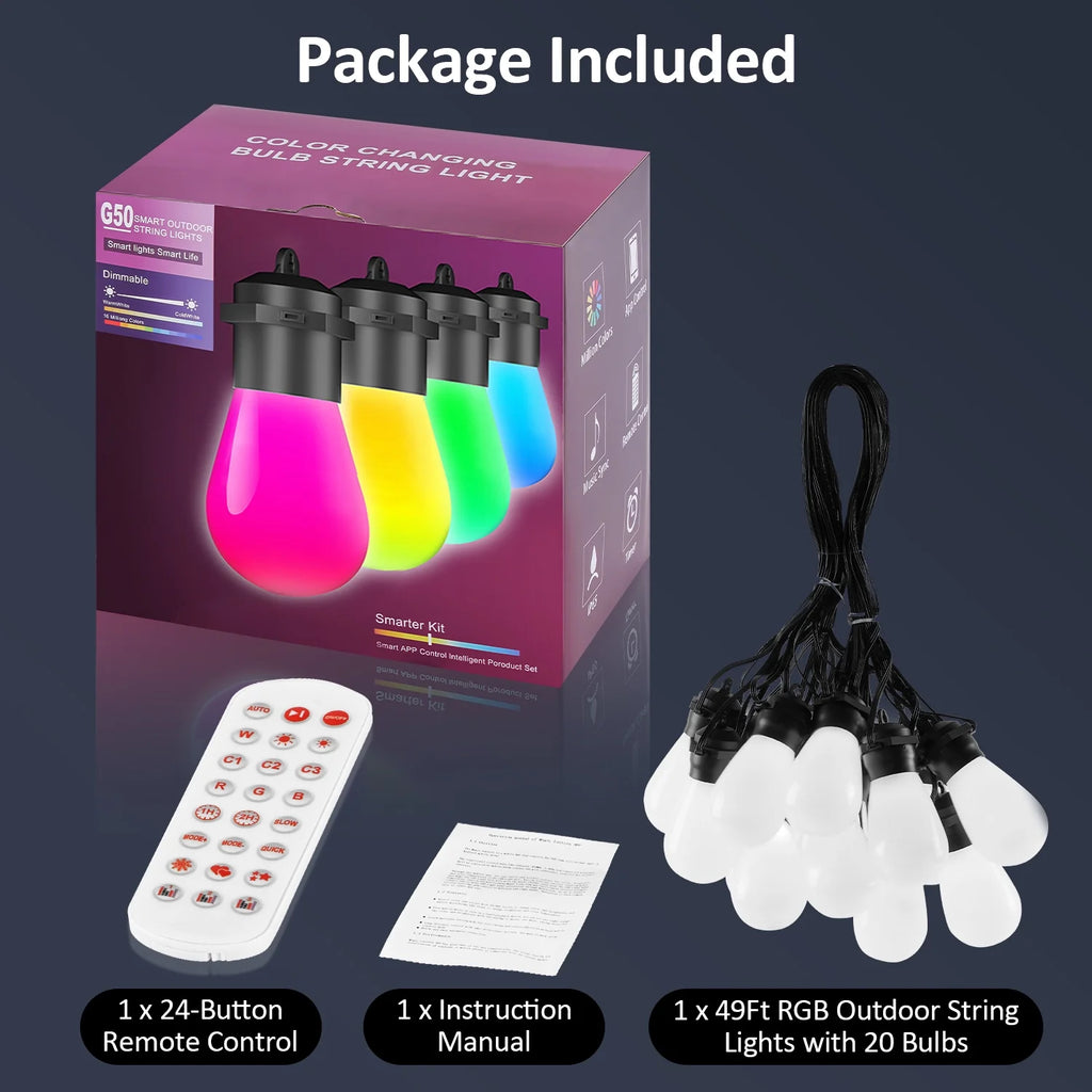 Outdoor String Lights, LED Lights for Bedroom, 39Ft 20 Bulbs Smart Dimmable RGB String Lights Fairy Lights Christmas Lights for Halloween Decorations, Patio Lights, APP Control, Waterproof