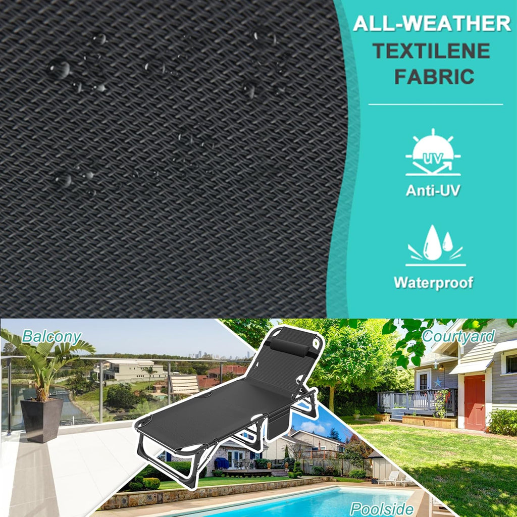 Patio Lounge Chair, Sun Tanning Bed, Folding Heavy Duty Chaise with 500LB Load Capacity, Adjustable Portable Chair for Home, Garden, Beach, Office, Camping & Sunbathing