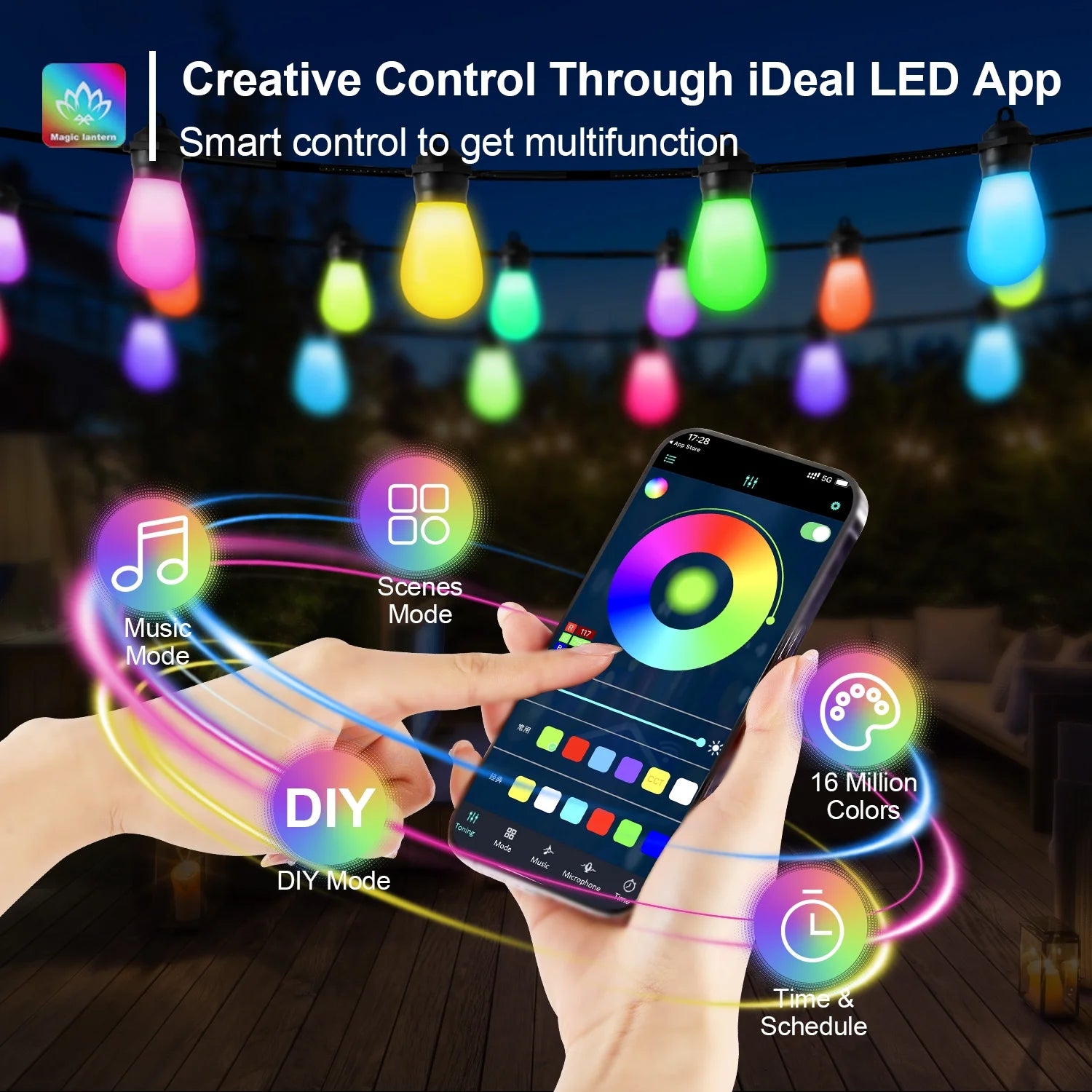 Outdoor String Lights, LED Lights for Bedroom, 39Ft 20 Bulbs Smart Dimmable RGB String Lights Fairy Lights Christmas Lights for Halloween Decorations, Patio Lights, APP Control, Waterproof