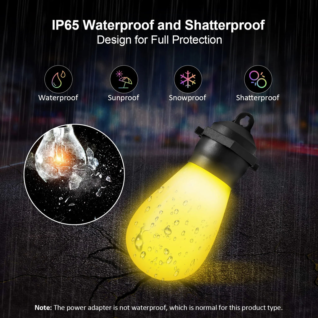 Outdoor String Lights, LED Lights for Bedroom, 39Ft 20 Bulbs Smart Dimmable RGB String Lights Fairy Lights Christmas Lights for Halloween Decorations, Patio Lights, APP Control, Waterproof