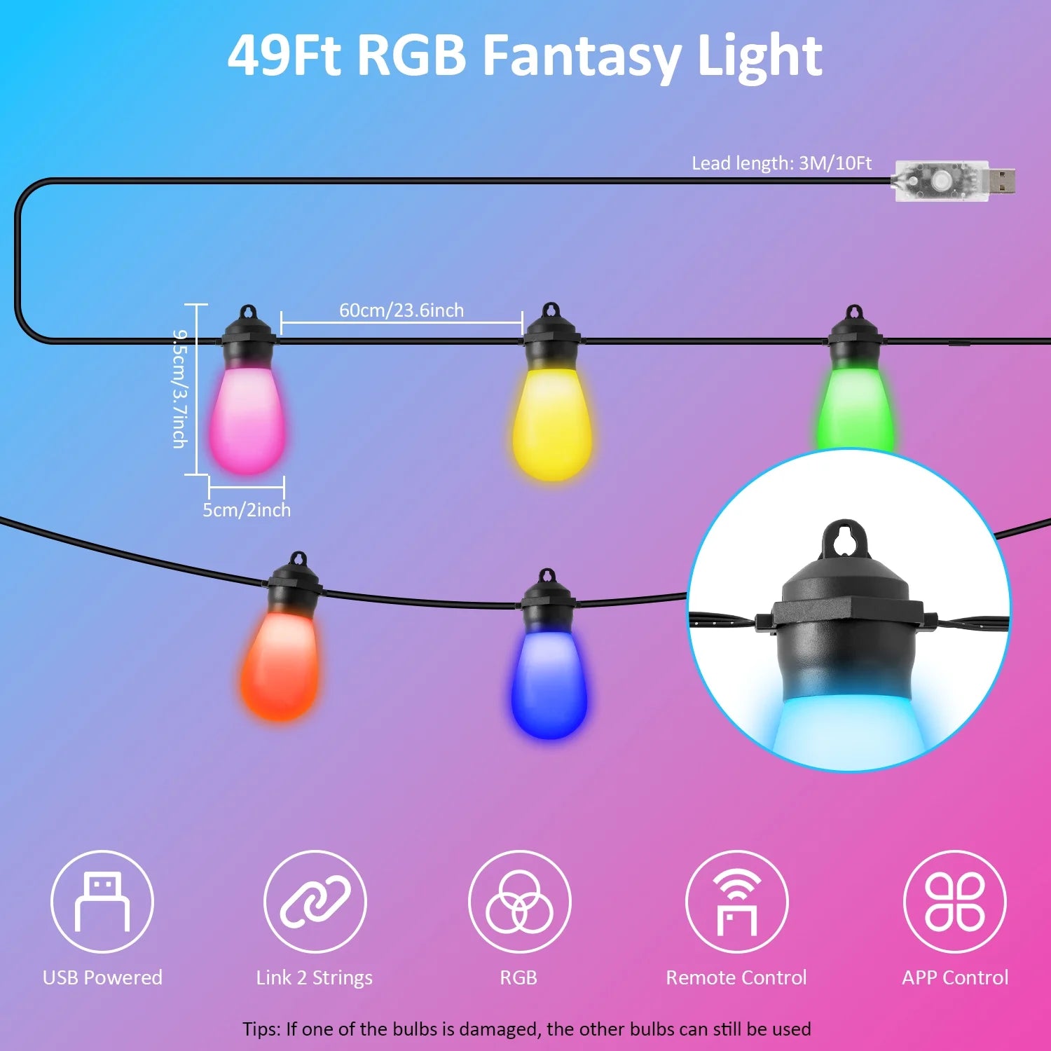 Outdoor String Lights, LED Lights for Bedroom, 39Ft 20 Bulbs Smart Dimmable RGB String Lights Fairy Lights Christmas Lights for Halloween Decorations, Patio Lights, APP Control, Waterproof