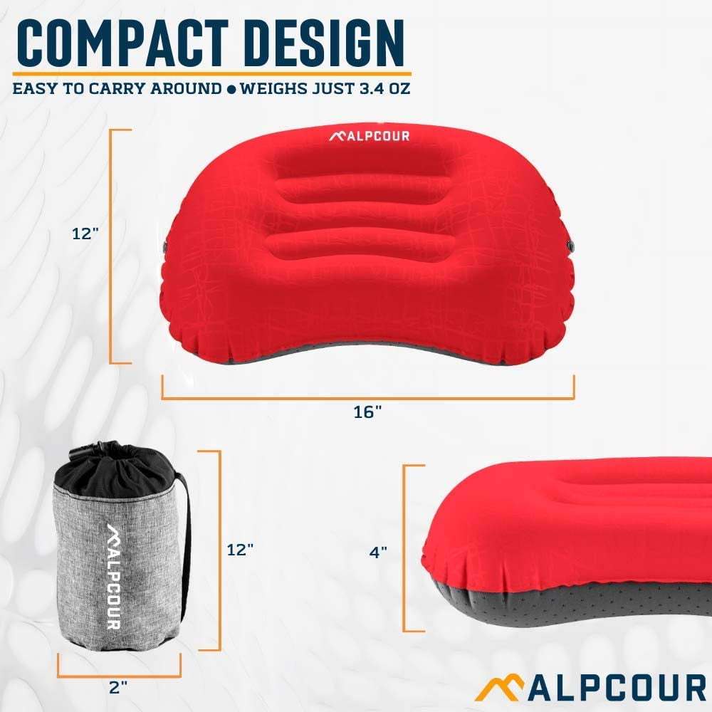 Camping Pillow – Large, Inflatable, Ultralight Sleeping Pillow with Easy Blow up Design, Soft Waterproof Exterior Cover and Compact Carry Case for Hiking, Backpacking, Airplane Travel & More