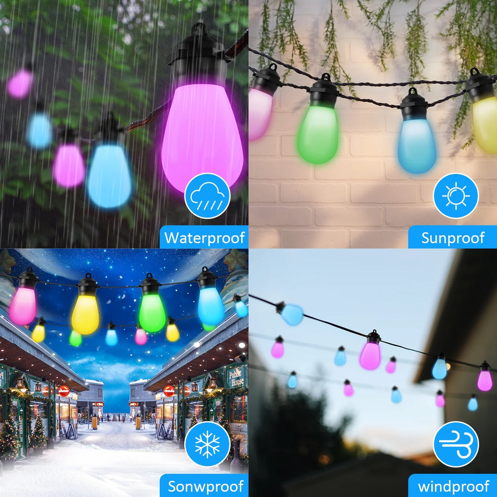 Outdoor String Lights, LED Lights for Bedroom, 39Ft 20 Bulbs Smart Dimmable RGB String Lights Fairy Lights Christmas Lights for Halloween Decorations, Patio Lights, APP Control, Waterproof