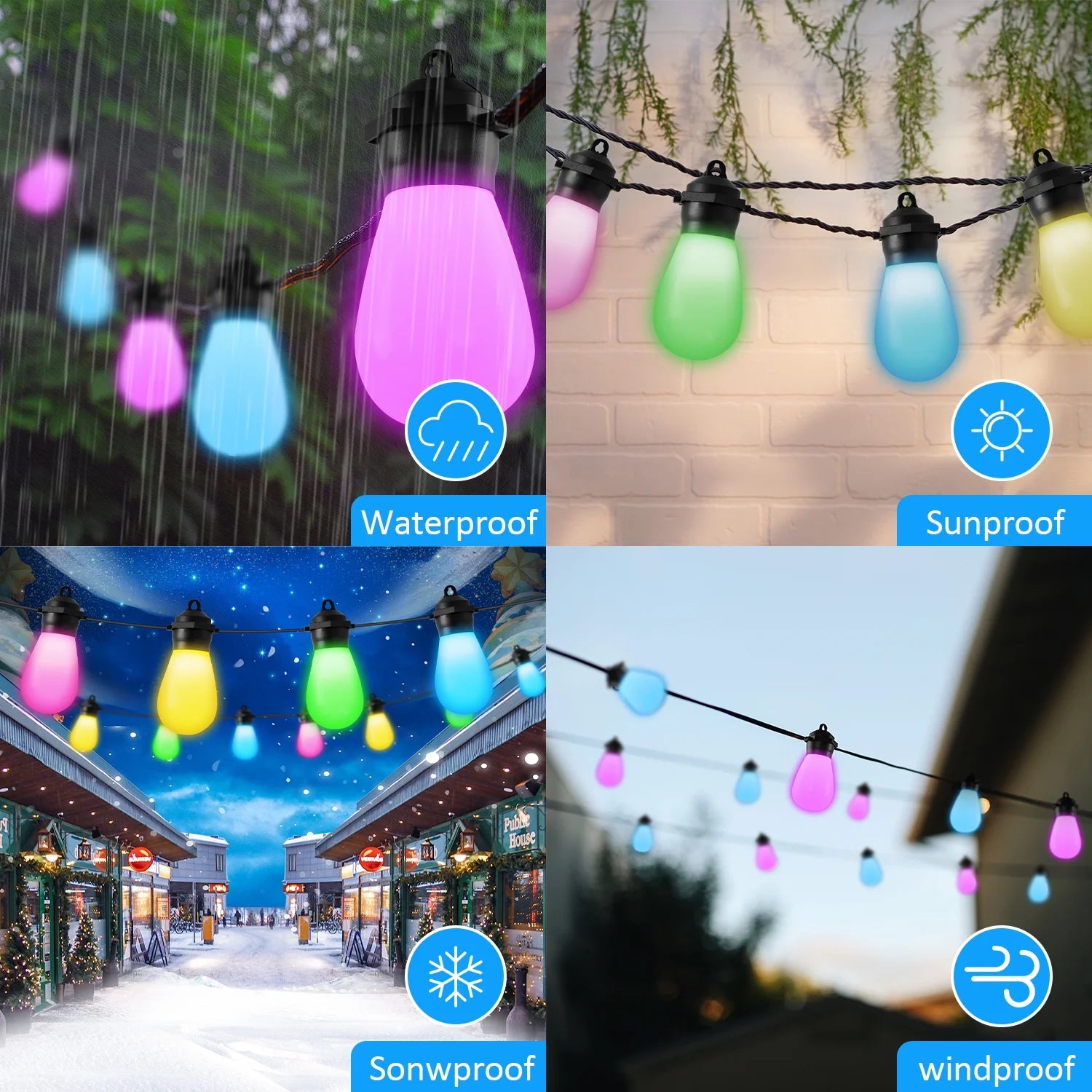 Outdoor String Lights, LED Lights for Bedroom, 39Ft 20 Bulbs Smart Dimmable RGB String Lights Fairy Lights Christmas Lights for Halloween Decorations, Patio Lights, APP Control, Waterproof