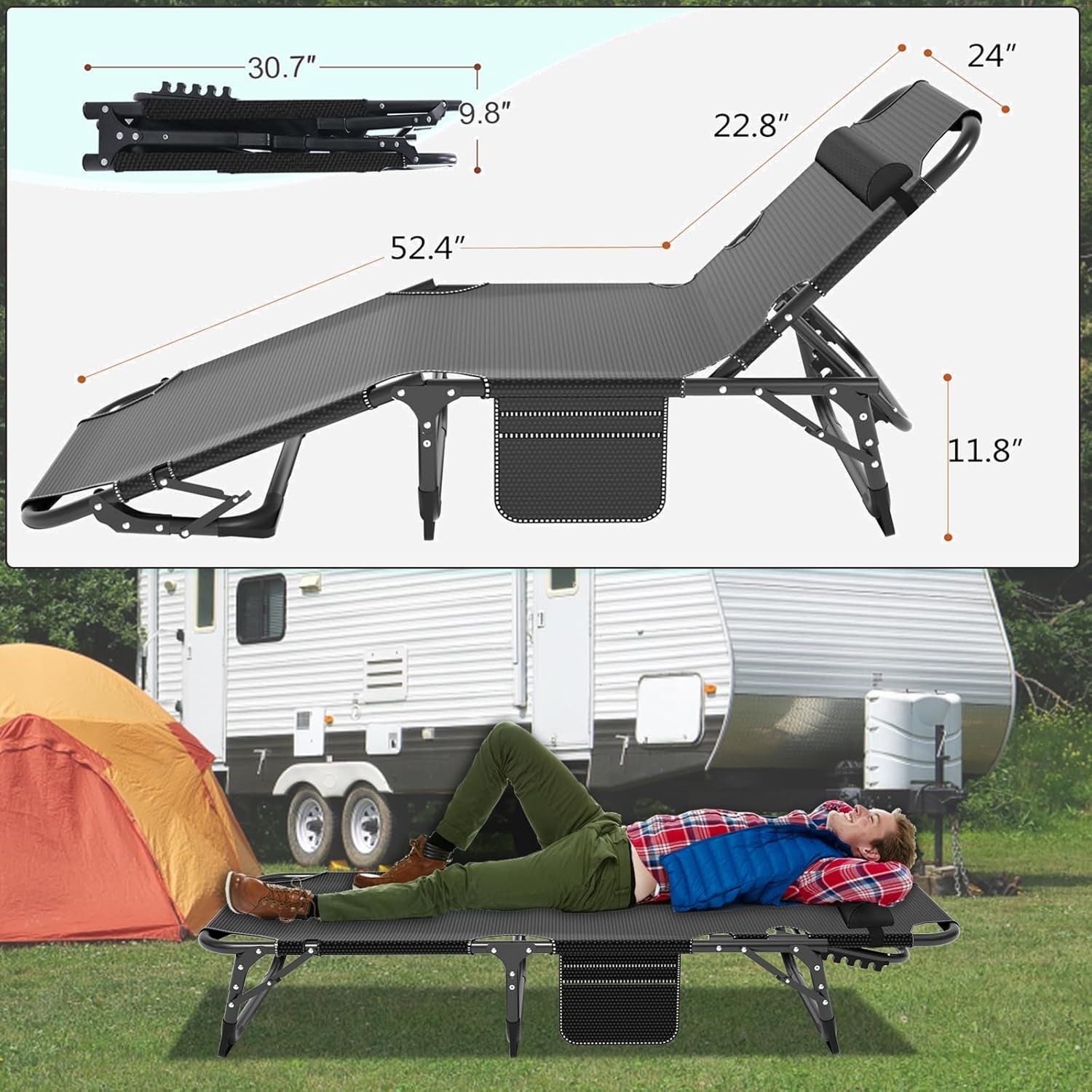 Patio Lounge Chair, Sun Tanning Bed, Folding Heavy Duty Chaise with 500LB Load Capacity, Adjustable Portable Chair for Home, Garden, Beach, Office, Camping & Sunbathing