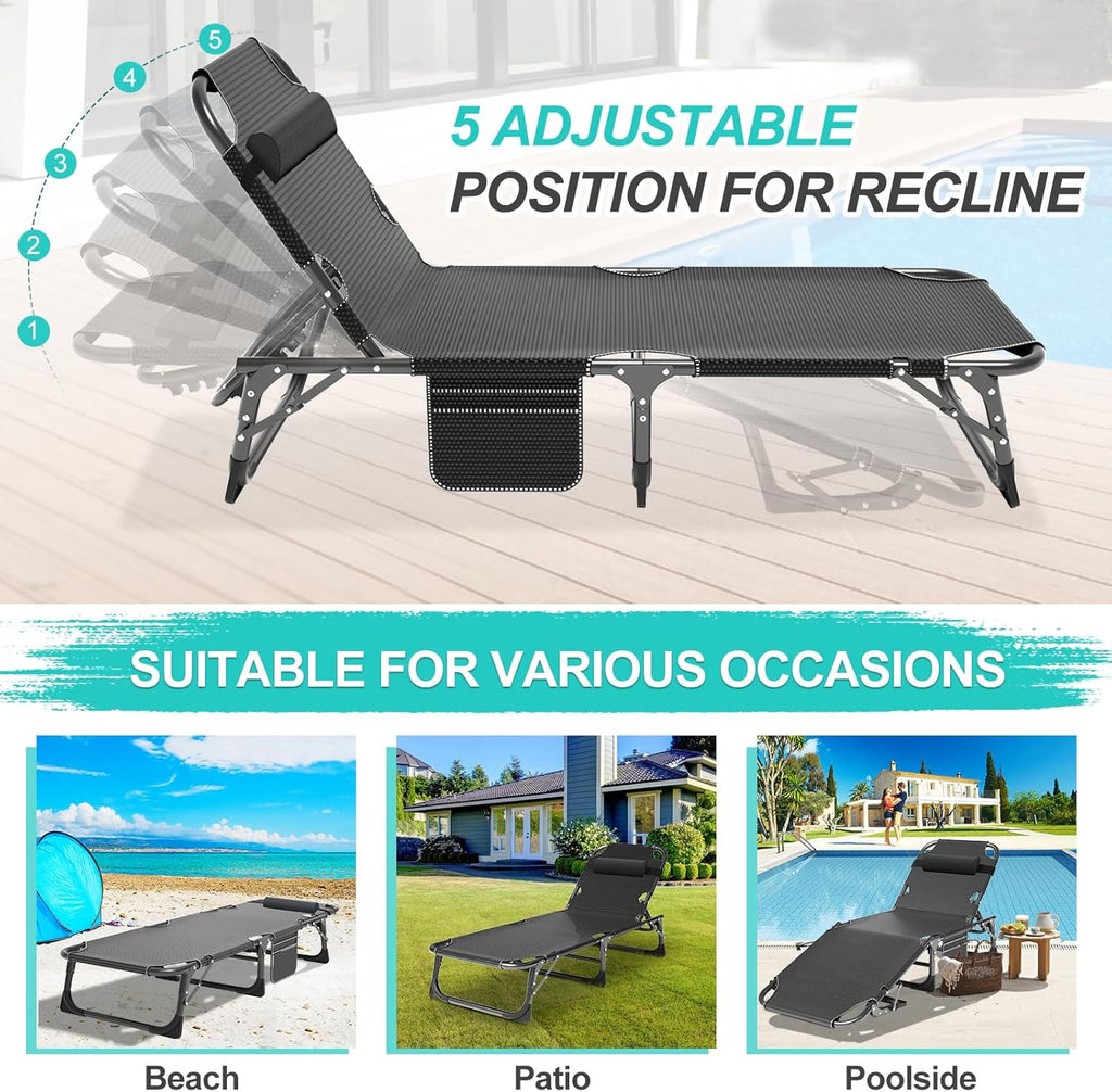 Patio Lounge Chair, Sun Tanning Bed, Folding Heavy Duty Chaise with 500LB Load Capacity, Adjustable Portable Chair for Home, Garden, Beach, Office, Camping & Sunbathing