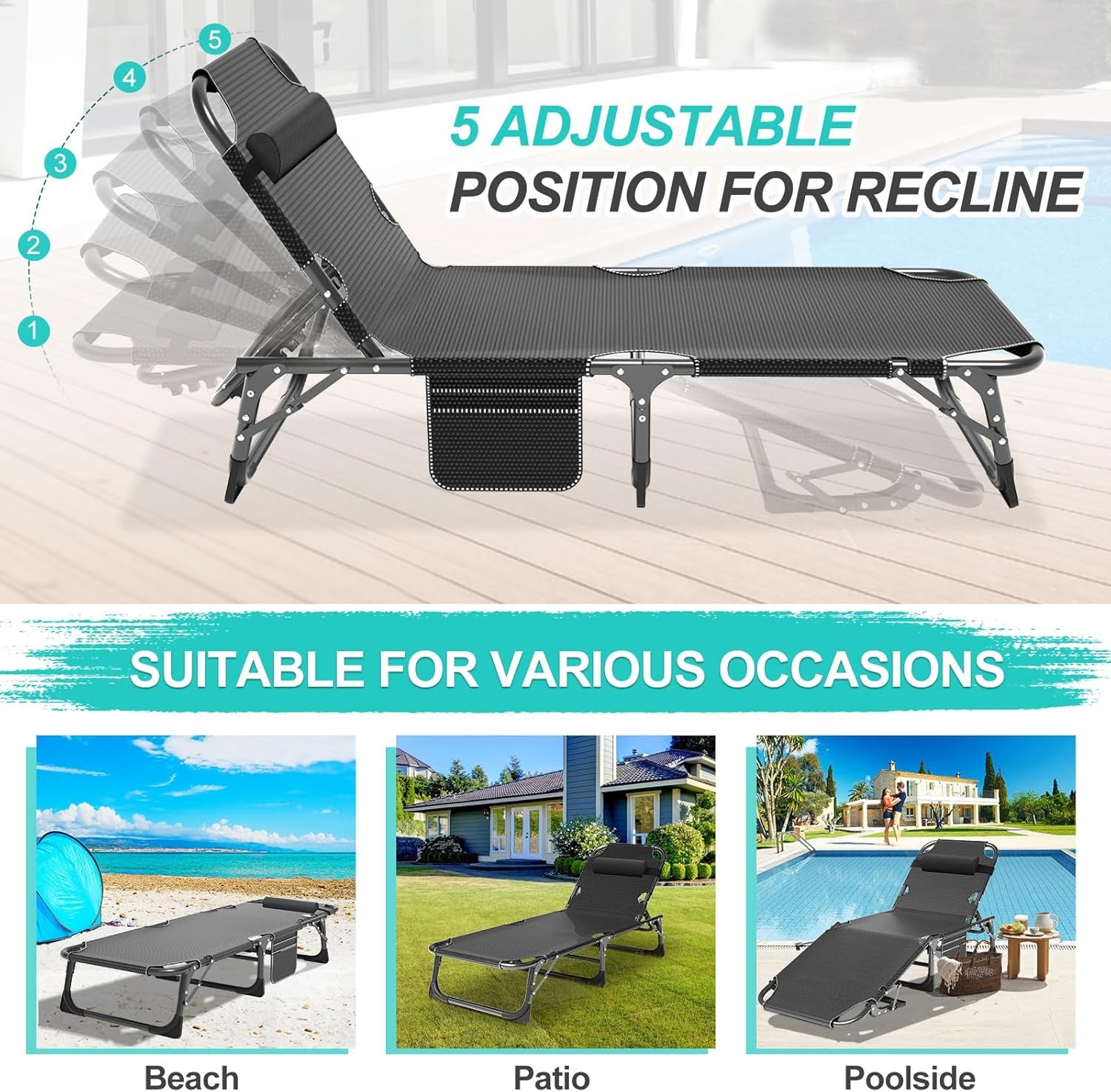 Patio Lounge Chair, Sun Tanning Bed, Folding Heavy Duty Chaise with 500LB Load Capacity, Adjustable Portable Chair for Home, Garden, Beach, Office, Camping & Sunbathing