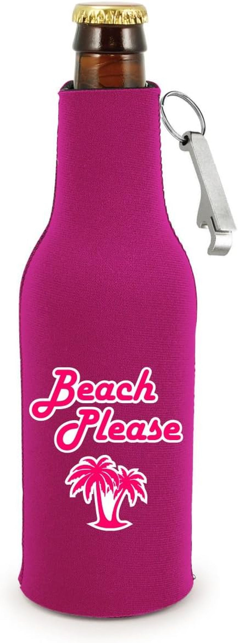 Beach Please Beer Bottle Coolie with Opener (Magenta)