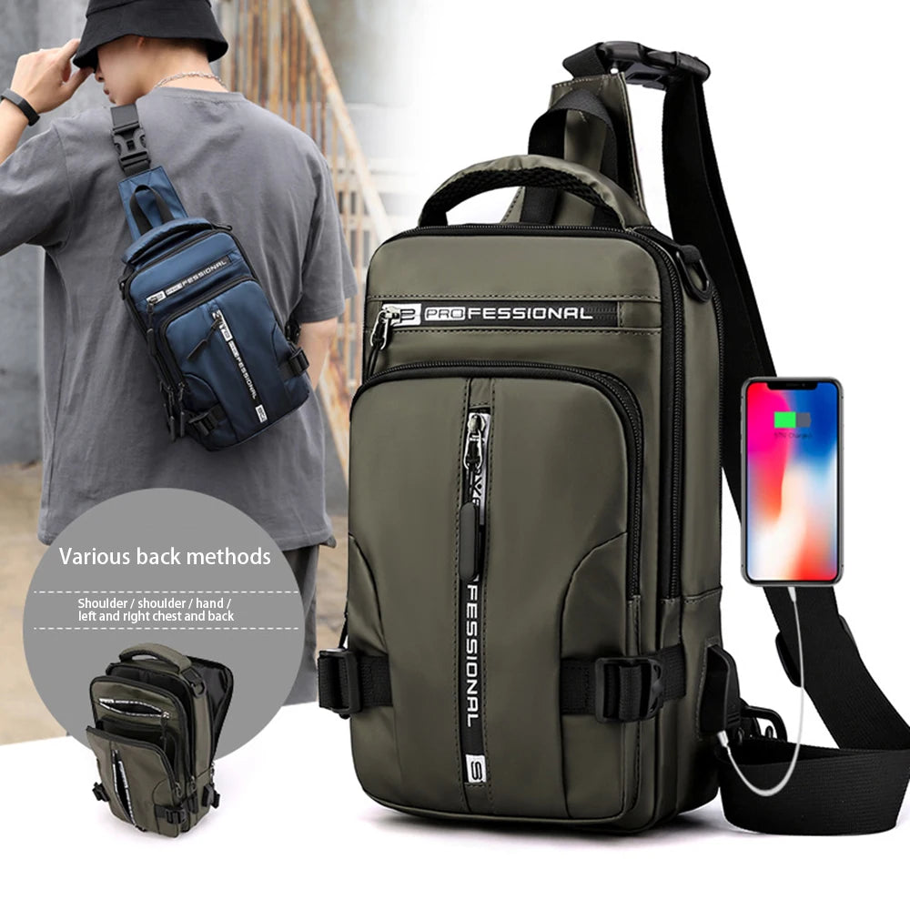 Men's Waterproof Nylon Crossbody Bag with USB Charging Port - Versatile Casual Messenger Chest Bag for Outdoor Travel